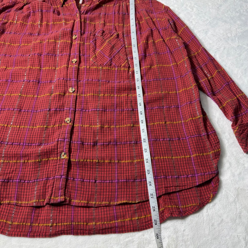 Free People Red Plaid Long Sleeve Shirt‎ Size M Break My Stride Metallic Tunic - Picture 3 of 8